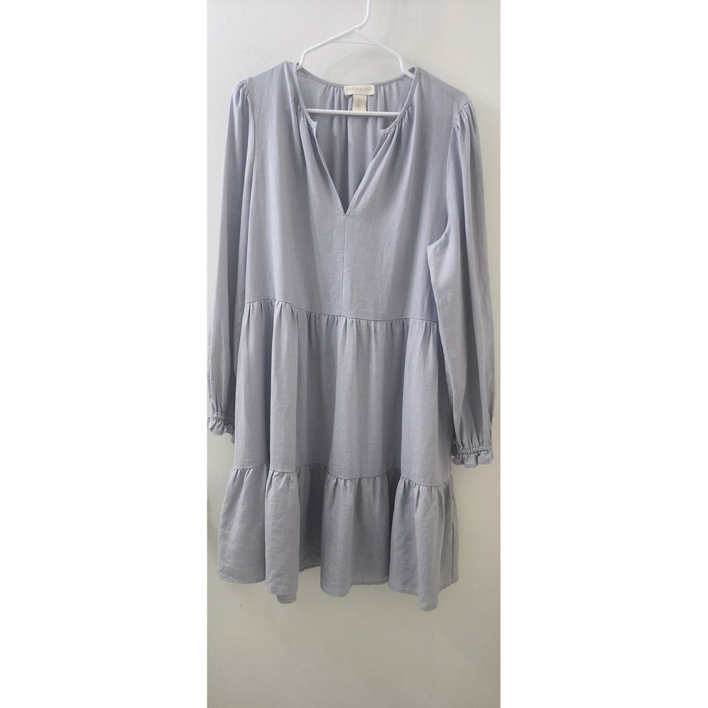 Cynthia Rowley Light Blue Linen Blend Tiered V-Neck Mini Dress with Pockets L